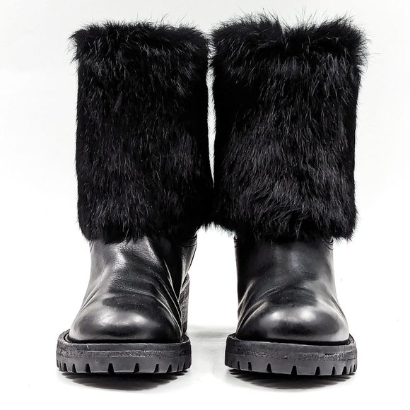 Tory Burch Women Joni Fur Cuff Buckle Logo Black Leather Mid Calf Boots size 7 - Picture 2 of 12